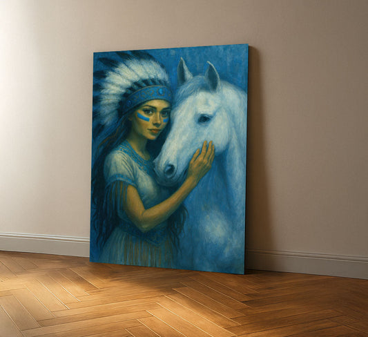 Enchanting Woman With White Horse In Blue Tones Canvas Wall Art