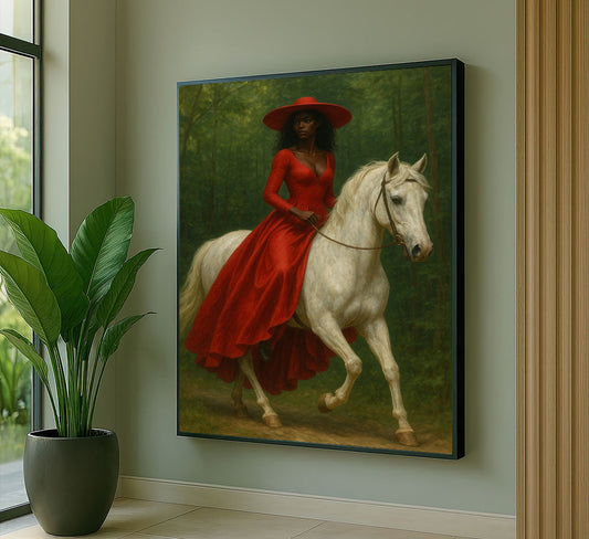 Majestic Woman In Red Dress On White Horse Canvas Wall Art
