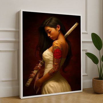 Elegant Samurai Woman With Rose Tattoo Canvas Wall Art