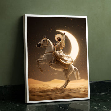 Majestic Woman On White Horse Under Crescent Moon Canvas Wall Art