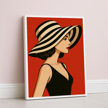Striking Woman In Black Dress And Striped Hat Canvas Wall Art