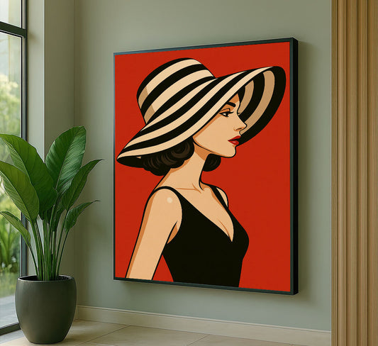 Striking Woman In Black Dress And Striped Hat Canvas Wall Art