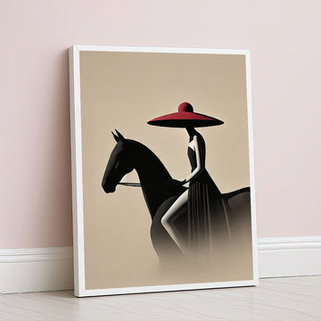 Elegant Woman On Horse With Red Hat Canvas Wall Art