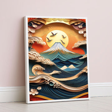 Dramatic Mt. Fuji At Sunset With Waves Canvas Wall Art