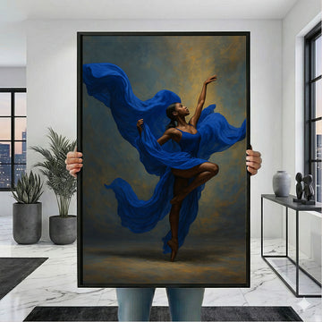 Elegant Black Woman in Flowing Blue Dress Canvas Wall Art Print | Modern Living Room Decor | Statement Piece