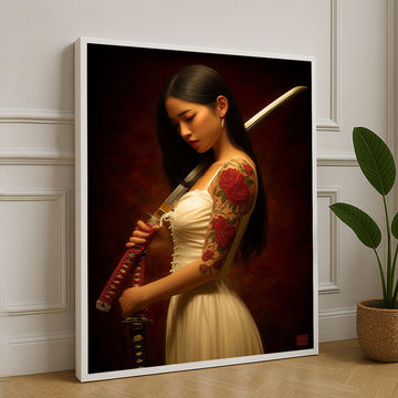 Elegant Samurai Woman With Rose Tattoo Canvas Wall Art