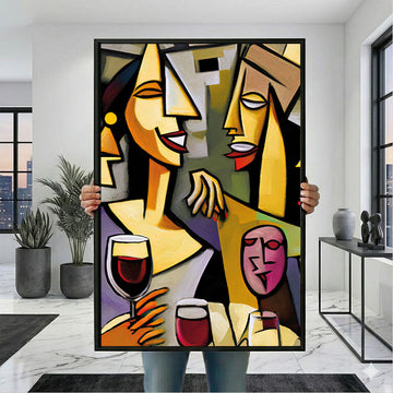 Vibrant Cubist Women With Wine Glasses Canvas Wall Art