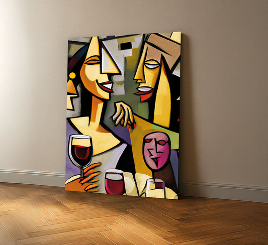 Vibrant Cubist Women With Wine Glasses Canvas Wall Art