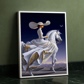 Majestic Woman In Elegant Gown On White Horse Canvas Wall Art