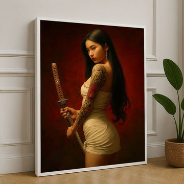 Elegant Samurai Woman With Dragon Tattoo Canvas Wall Art