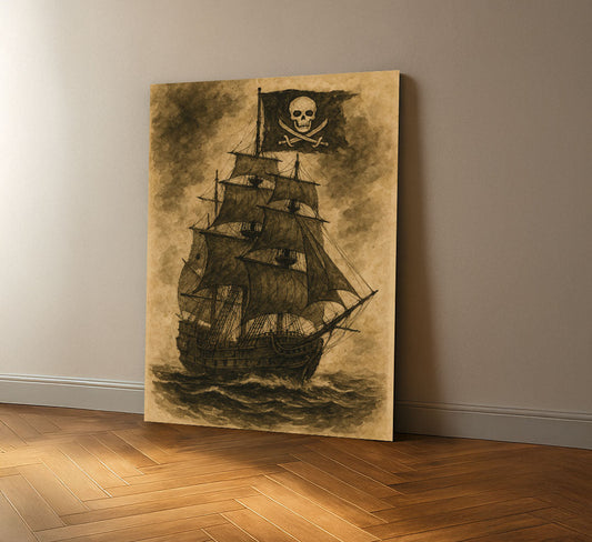 Mystical Pirate Ship With Skull Flag Canvas Wall Art