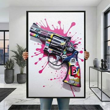 Dynamic Graffiti Revolver With Pink Splatter Canvas Wall Art