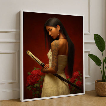 Elegant Samurai Woman With Roses Canvas Wall Art