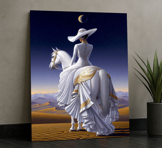 Elegant Woman In White On Horse Canvas Wall Art