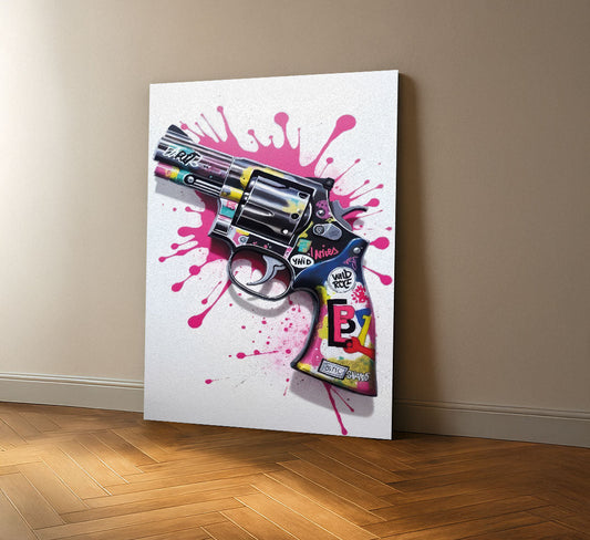 Dynamic Graffiti Revolver With Pink Splatter Canvas Wall Art