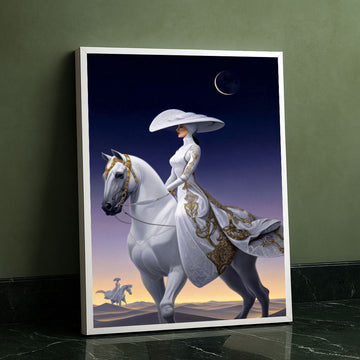 Elegant Woman In White Riding Horse Canvas Wall Art