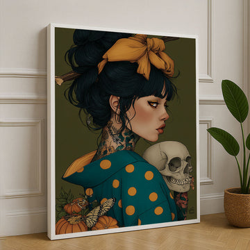 Elegant Woman With Skull And Tattoos Canvas Wall Art