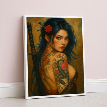 Captivating Tattooed Samurai Woman With Red Flowers Canvas Wall Art