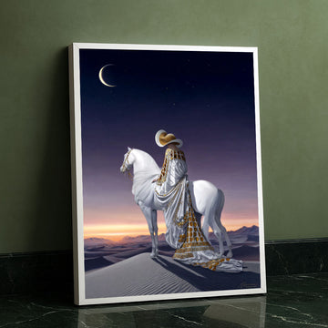 Majestic Woman On White Horse Under Crescent Moon Canvas Wall Art