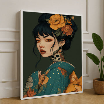 Elegant Floral Geisha With Skull Tattoo Canvas Wall Art