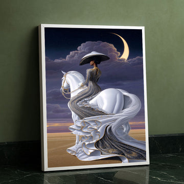 Elegant Woman On White Horse Under Moon Canvas Wall Art