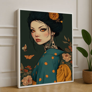 Elegant Geisha With Tattoo And Butterflies Canvas Wall Art