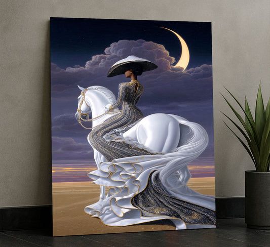 Elegant Woman On White Horse Under Moon Canvas Wall Art