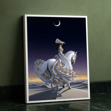 Enchanting Woman In Elegant Dress On White Horse Canvas Wall Art