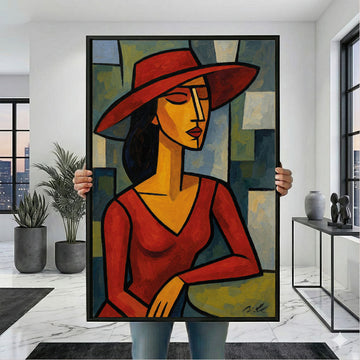 Elegant Woman In Red Hat Portrait Canvas Wall Art