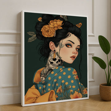 Elegant Geisha With Floral Tattoos Canvas Wall Art