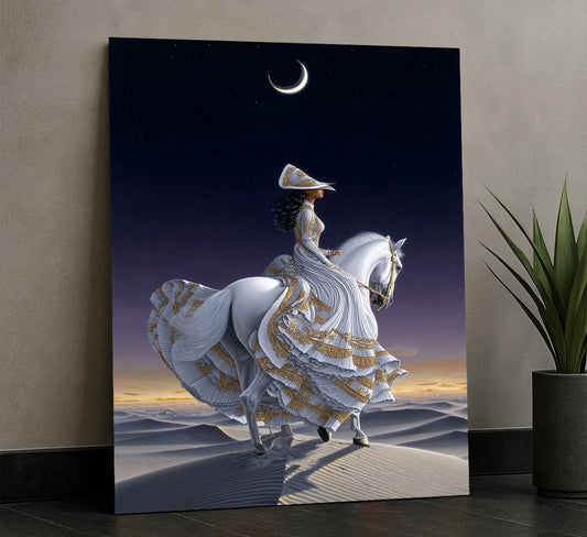 Enchanting Woman In Elegant Dress On White Horse Canvas Wall Art