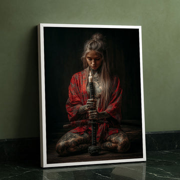 Enchanting Tattooed Samurai Woman In Red Kimono Canvas Wall Art