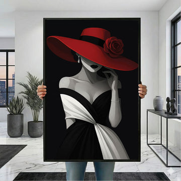 Elegant Woman In Red Hat And Black Dress Canvas Wall Art