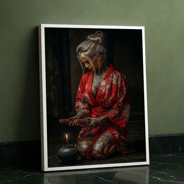 Enchanting Tattooed Woman In Red Kimono Canvas Wall Art