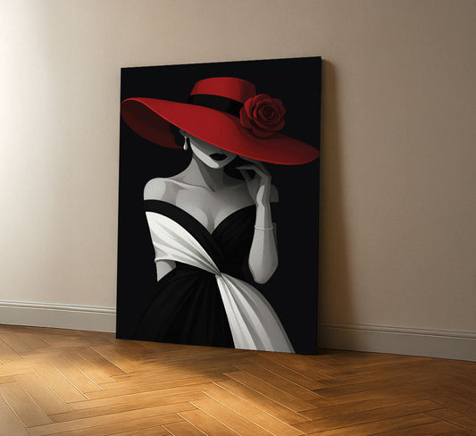 Elegant Woman In Red Hat And Black Dress Canvas Wall Art