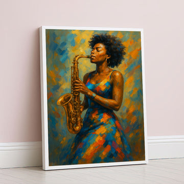 Vibrant Woman Playing Saxophone Canvas Wall Art