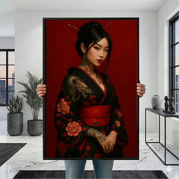 Oriental Elegance Geisha Tattoo Art Canvas Wall Print | Red and Black Living Room Decor | Statement Piece