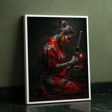 Enchanting Tattooed Samurai Woman In Red Robe Canvas Wall Art