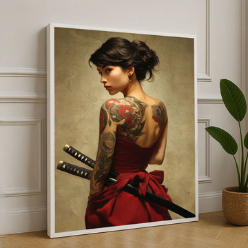Elegant Samurai Woman With Floral Tattoos Canvas Wall Art
