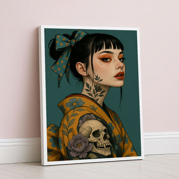 Enchanting Tattooed Woman In Floral Kimono Canvas Wall Art