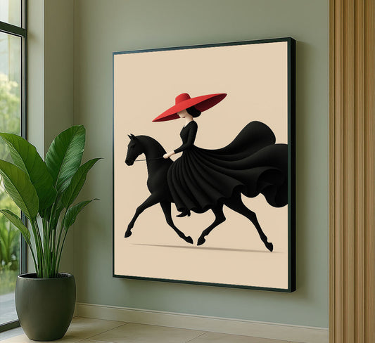 Striking Woman In Black Dress On Horse Canvas Wall Art