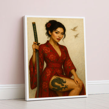Enchanting Samurai Woman With Dragon Tattoo Canvas Wall Art