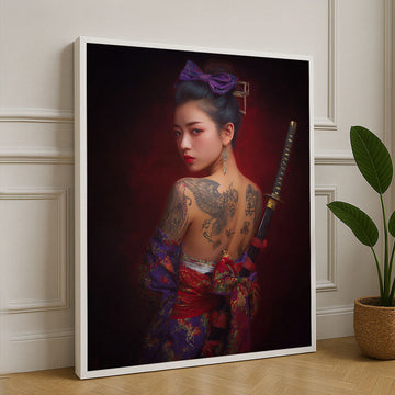 Elegant Samurai Woman With Dragon Tattoo Canvas Wall Art