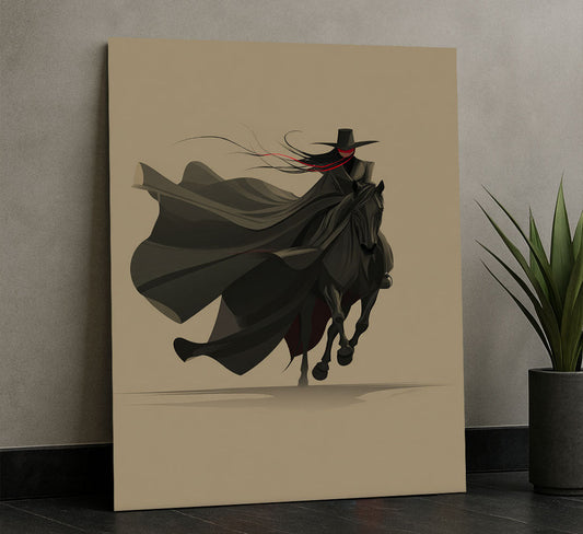 Dramatic Rider In Black Cloak On Horse Canvas Wall Art