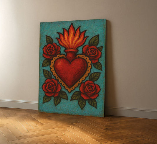 Captivating Red Heart With Flaming Roses Canvas Wall Art