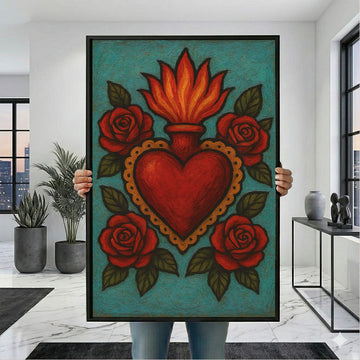Dramatic Red Heart With Roses Canvas Wall Art