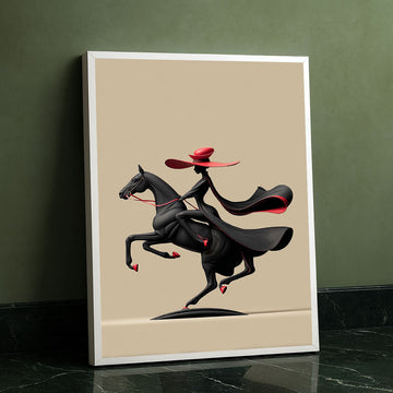 Dynamic Black Horse And Rider In Red Hat Canvas Wall Art