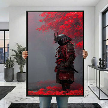 Enchanting Samurai In Red Autumn Leaves Canvas Wall Art