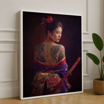 Elegant Samurai Woman With Dragon Tattoo Canvas Wall Art