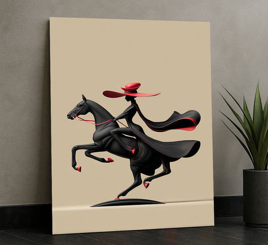 Dynamic Black Horse And Rider In Red Hat Canvas Wall Art